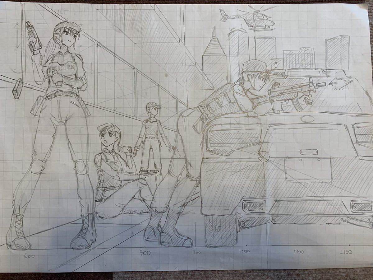 今日の背景美塾は第9教程
複数のキャラクターをパース上に配置する時の考え方。
身長差のあるキャラの配置など、すごく勉強になりました。
#背景美塾 