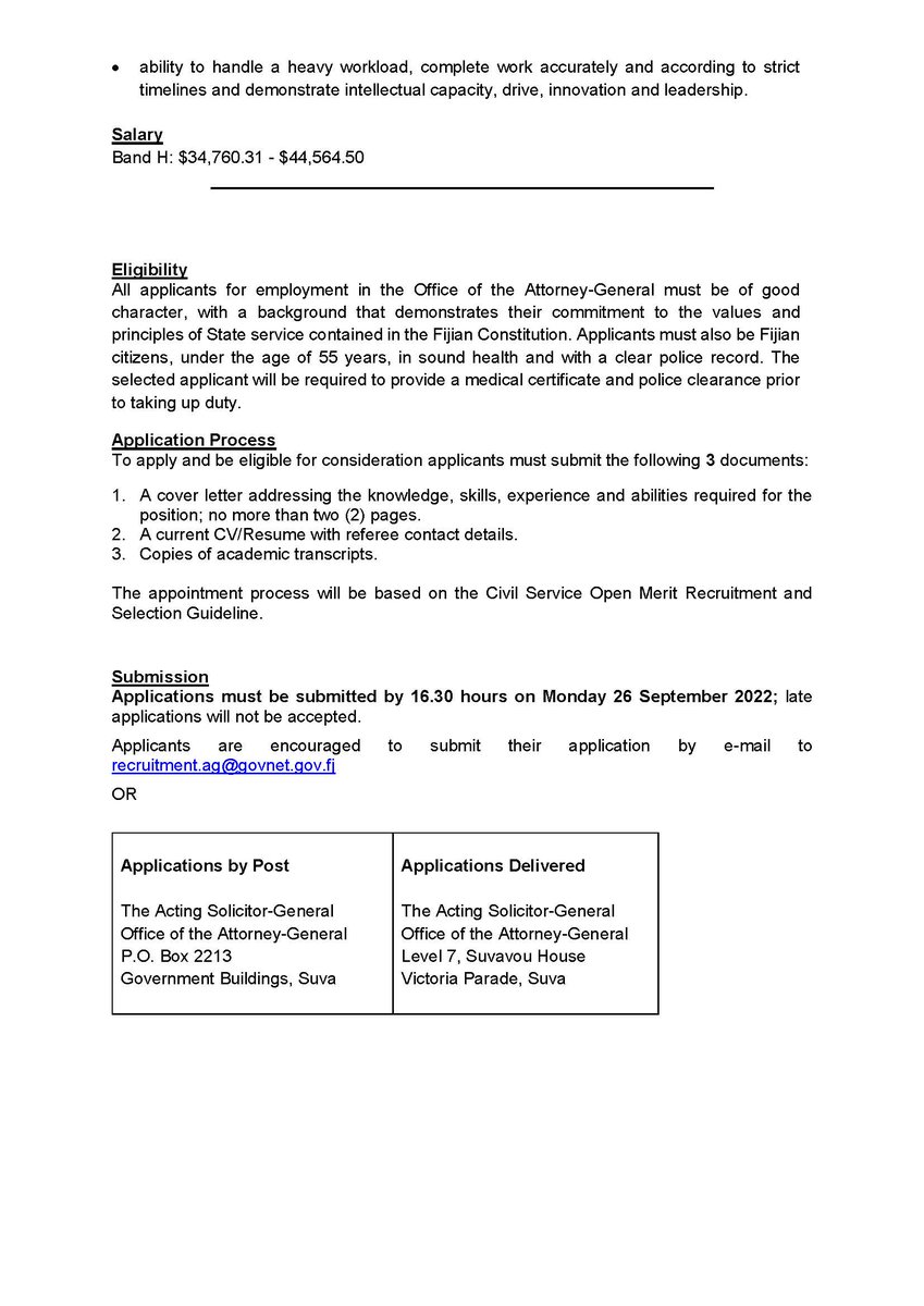 officeoftheatto's tweet photo. The Office of the Solicitor-General invites applications from suitably qualified candidates for the vacancies referred to below.
Applications close at 4.30pm on Monday, 26 September 2022 https://t.co/Vc9R8vDXQg