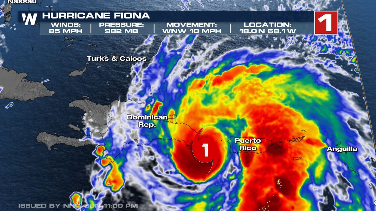 WeatherNation's tweet photo. #HurricaneFiona 11 PM AST Update: Fiona is moving west northwest towards Dominican Republic tonight and into Monday. Catastrophic flooding likely.

Updates to tropical alerts and more on that here: https://t.co/O7WR8lUs6r https://t.co/tFa1AR7OAO