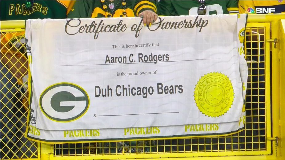 FanaticsBook's tweet photo. We've always known Aaron Rodgers owns the Bears but it's finally in writing https://t.co/9TgJ8hmCVc