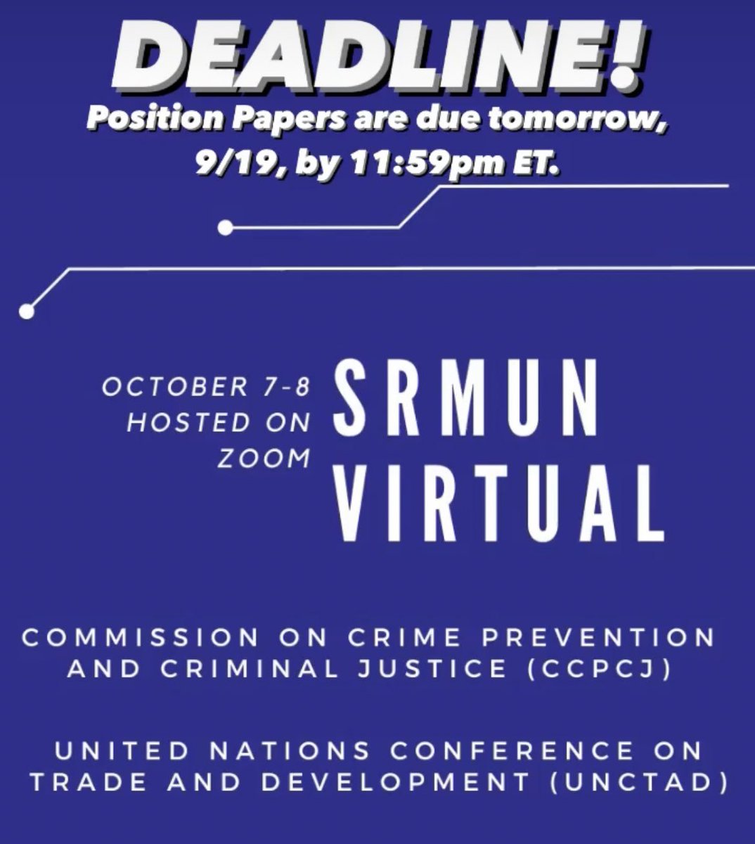 Position Papers for SRMUN Virtual are due in almost 24 hours! Registered schools maybe submit in order to be eligible for Outstanding Position Paper Awards. Link: srmun.org/upload/