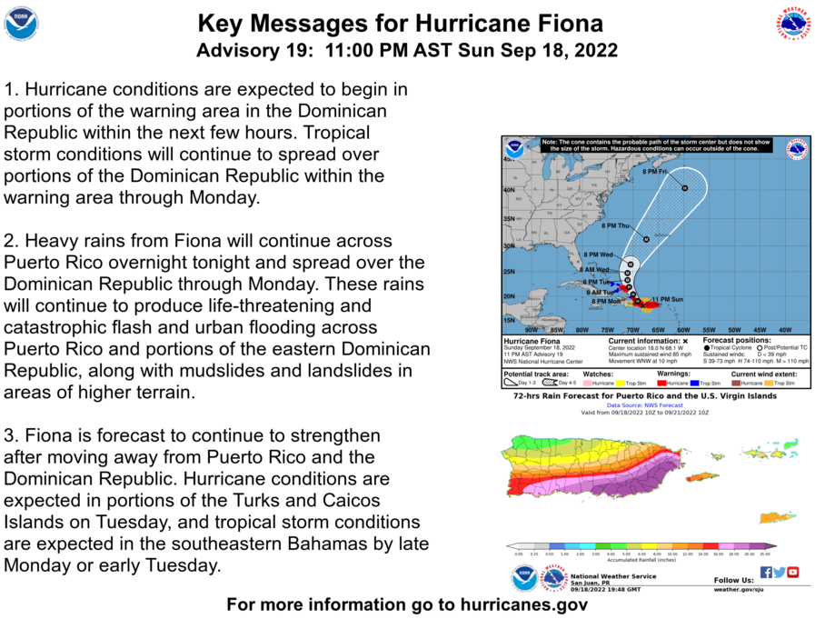 Here are the 11pm AST Sunday, September 18 Key Messages for Hurricane #Fiona.

Hurricane Warnings are now in effect for the Turks and Caicos Islands in the southeastern Bahamas. 

Latest Advisory: hurricanes.gov/#Fiona