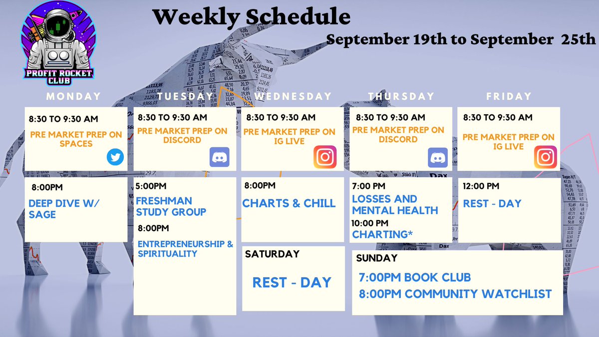 ProfitRocketc's tweet photo. Profit Rocket Club. Weekly Schedule. 

Join the discord to tune into our classes for the week. 

#Trading #SPY #SPX #QQQ https://t.co/649nyXxju1