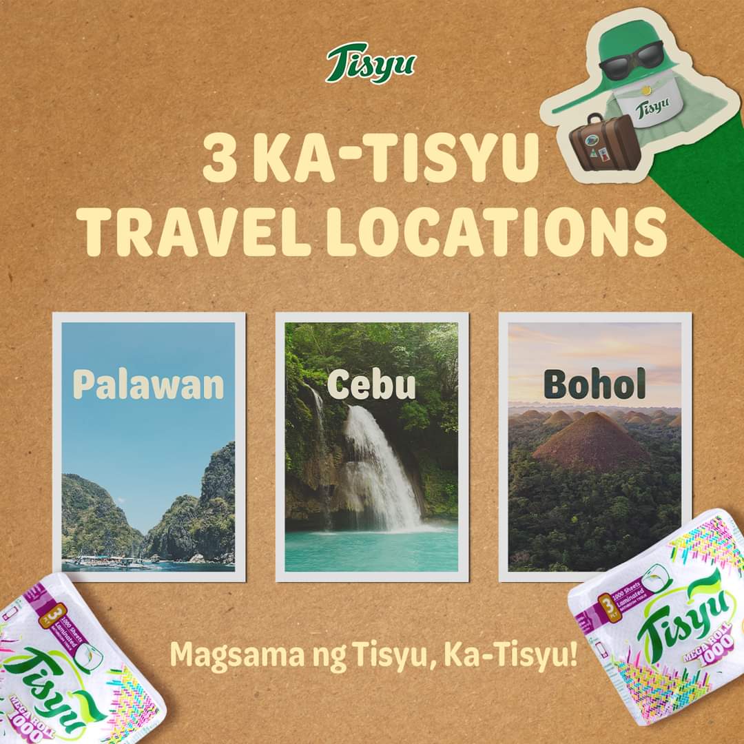 TisyuPH's tweet photo. Ngayong #TravelIsBack, sulitin ang mga locations na ito sa Pilipinas! Saan ang susunod na gala mo, Ka-Tisyu? Huwag kalilimutang magbaon parati ng Tisyu Mega Bathroom Tissue para wala kang isyu sa tissue! #TisyuToTheRescue 💩 #SupportLocalTravel #TisyuTravels https://t.co/bqsWsRJdQY