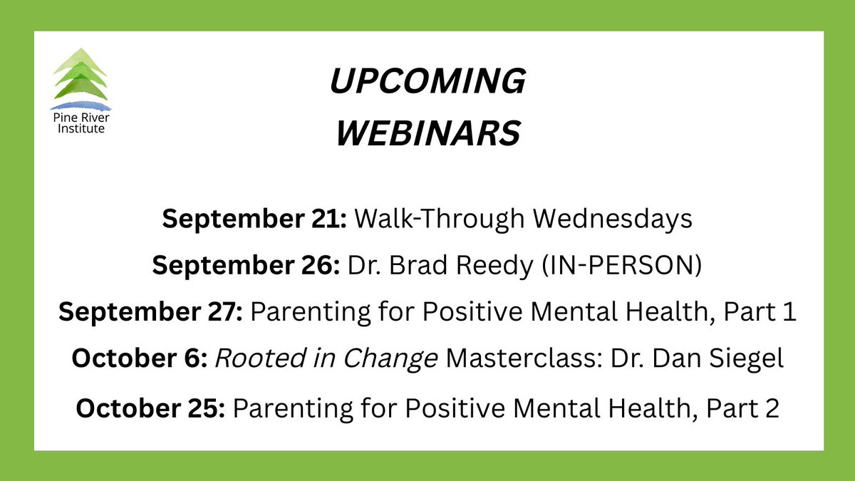 We have a lot of exciting events and presentations taking place in the next few weeks – make sure you’re registered so you don’t miss out! #mentalhealth #mentalhealthwebinars 

All registration links can be found here: pineriverinstitute.com/workshop/