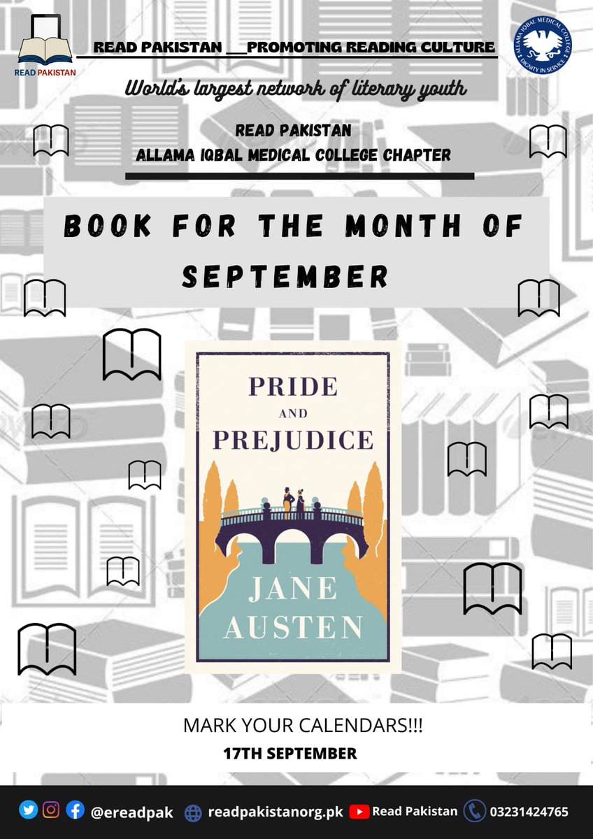 ereadpak's tweet photo. "Reading is an escape from the reality"   
Read Pakistan Allama Iqbal Medical College Chapter presents book of the month September  "PRIDE AND PREJUDICE BY JANE AUSTEN"
Let's escape our reality together for a while 🧖‍♀️🙃                            #September #book #ReadyForLove https://t.co/lbkJTBgti0