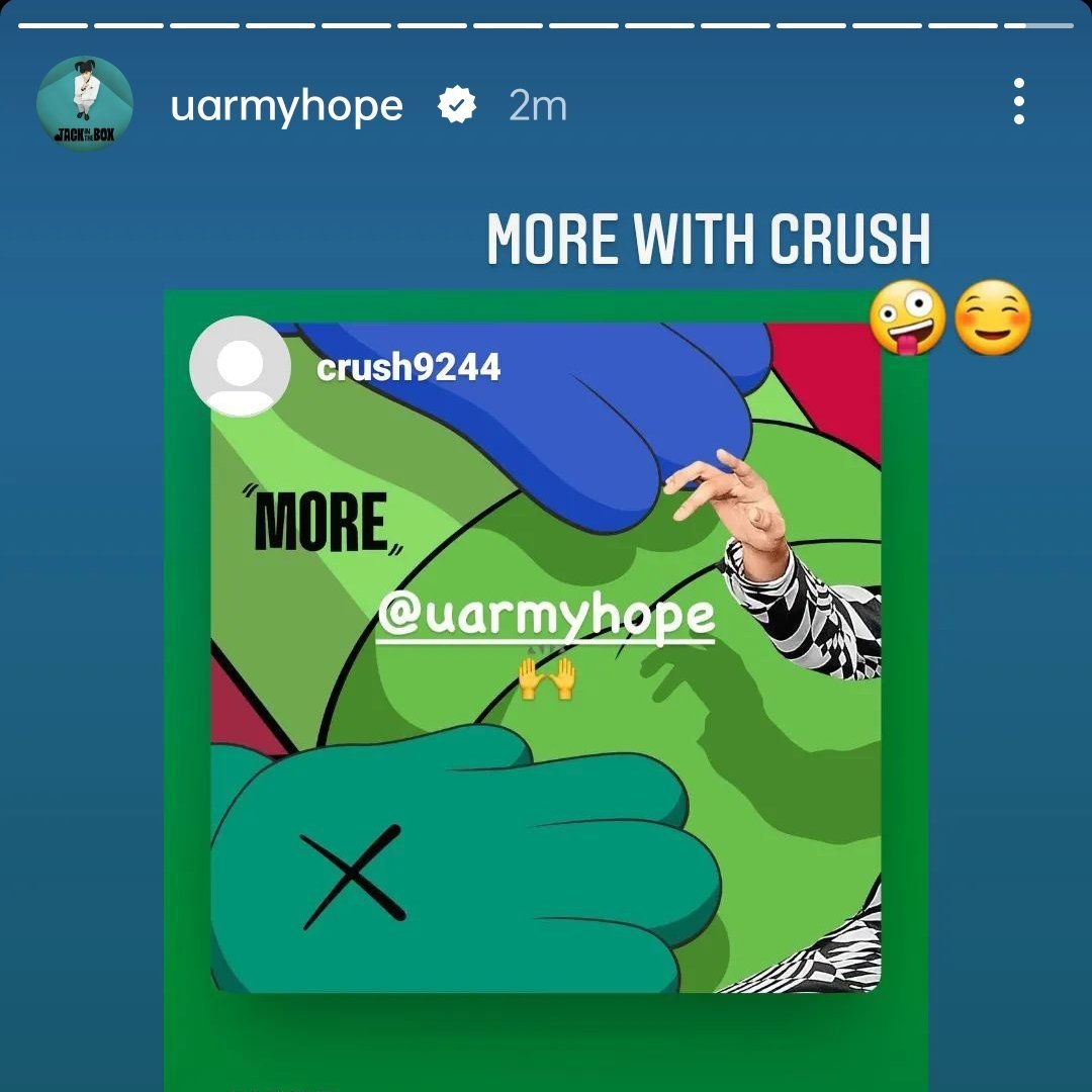 jjksceo's tweet photo. WAIT WHAT ???? right in front of our eyes. JUNG HOSEOK WE’RE SO EXCITED LIKE OMG THIS ABOUT TO HIT SO HARD THIS IS A LITERAL DREAM COLLAB. JHOPE x CRUSH https://t.co/4psfwgFdDY