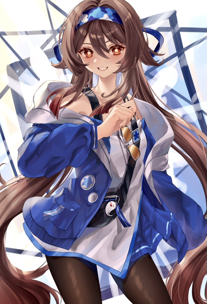 hu tao (genshin impact) 1girl official alternate costume blue hairband blue jacket pantyhose brown hair long hair  illustration images