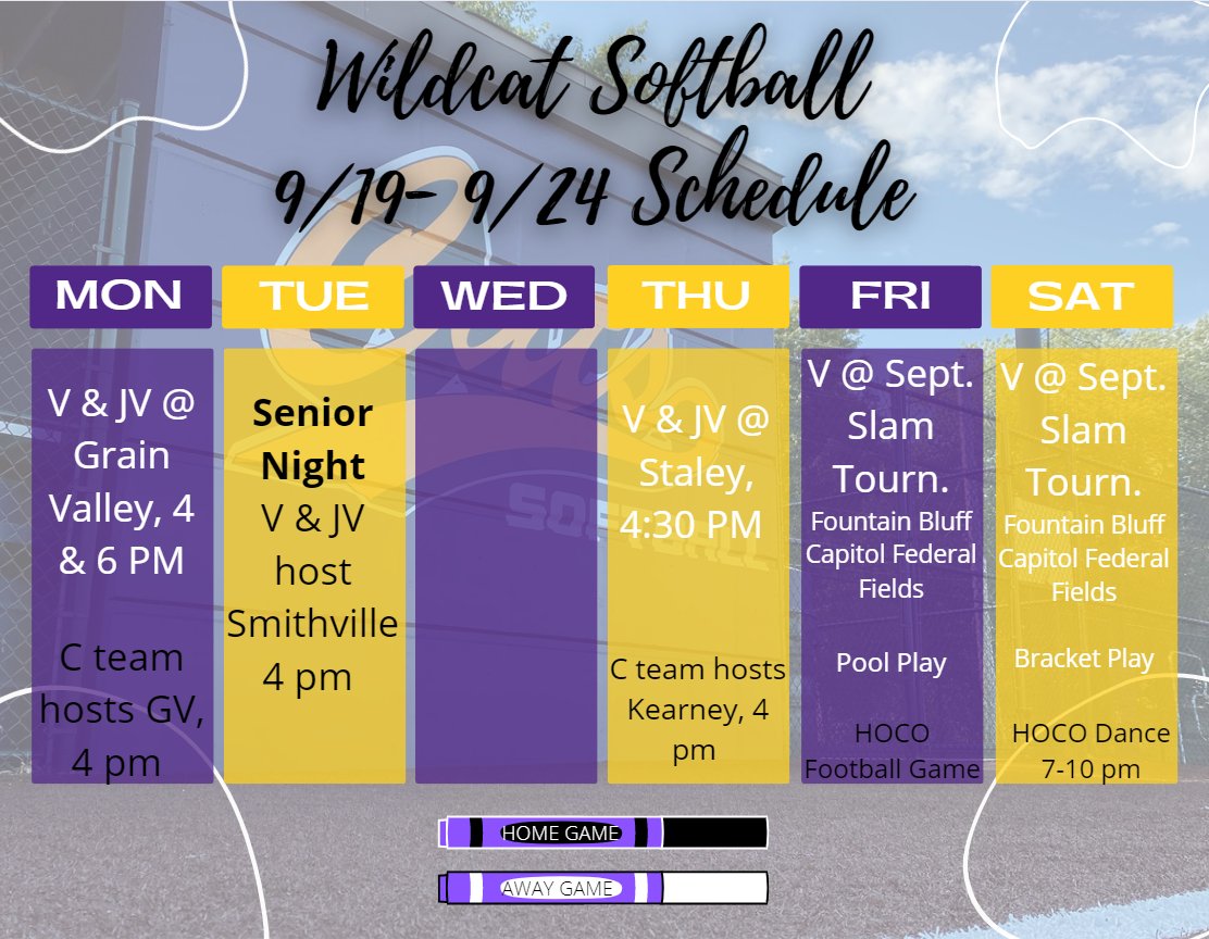 There is a lot of wildcat softball being played this week and we get to end the week on the dance floor for HOCO! Can't wait to celebrate our FAB 5 seniors on Tuesday!💜💛