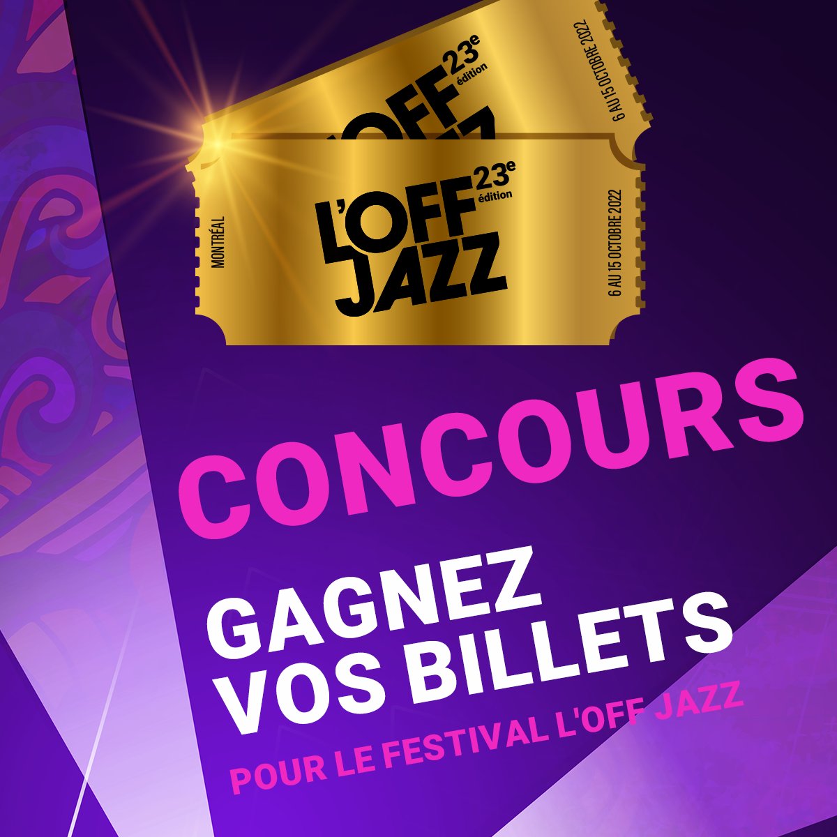 🔥CONCOURS🔥
Gagner l’un des 2 uniques passeports donnant accès à l’ensemble des Grands Concerts* et 9 paires de billets.
🎷
✅ Liker &amp; partager ce post
✅ Suivre la page Facebook de l'Off Jazz [facebook.com/offfestivaldej…]
✅ Participer ici : bit.ly/3BC04Pn
