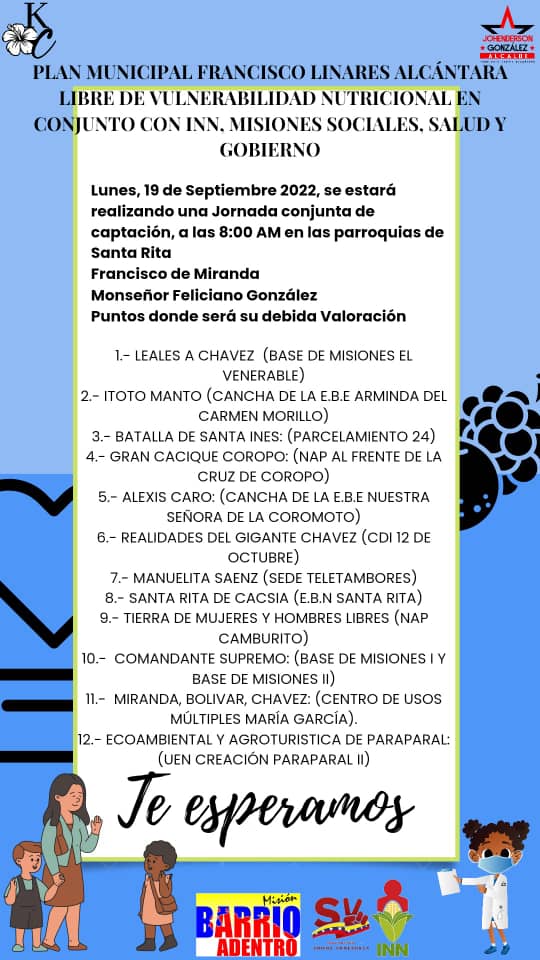 Comunicamos a nuestro pueblo linarense el día de mañana se estará realizando el 'Plan municipal Francisco Linares Alcántara libre de vulnerabilidad nutricional en conjunto con INN, misiones sociales, salud y Gobierno. ¡te esperamos!

#LaPoesíaEsPaz
#CulturaDePazYDeIntegración