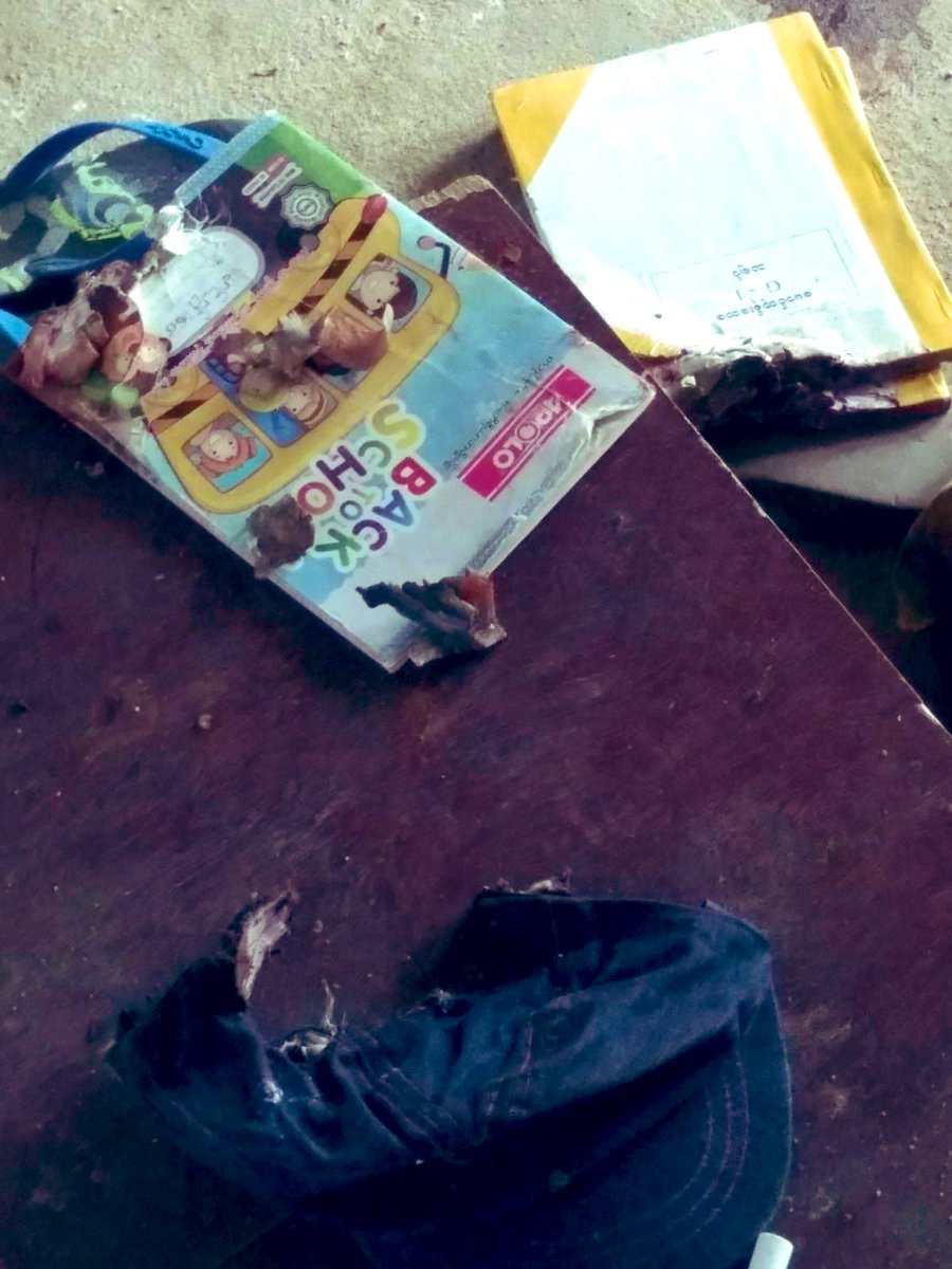 These are books of children who were killed in Min Aung Hlaing's helicopters attack in Depeyin yesterday. I hate to raise awareness of our country with such heartbreaking images but we have no other choice but to keep on raising awareness so responsible leaders do smth abt it.