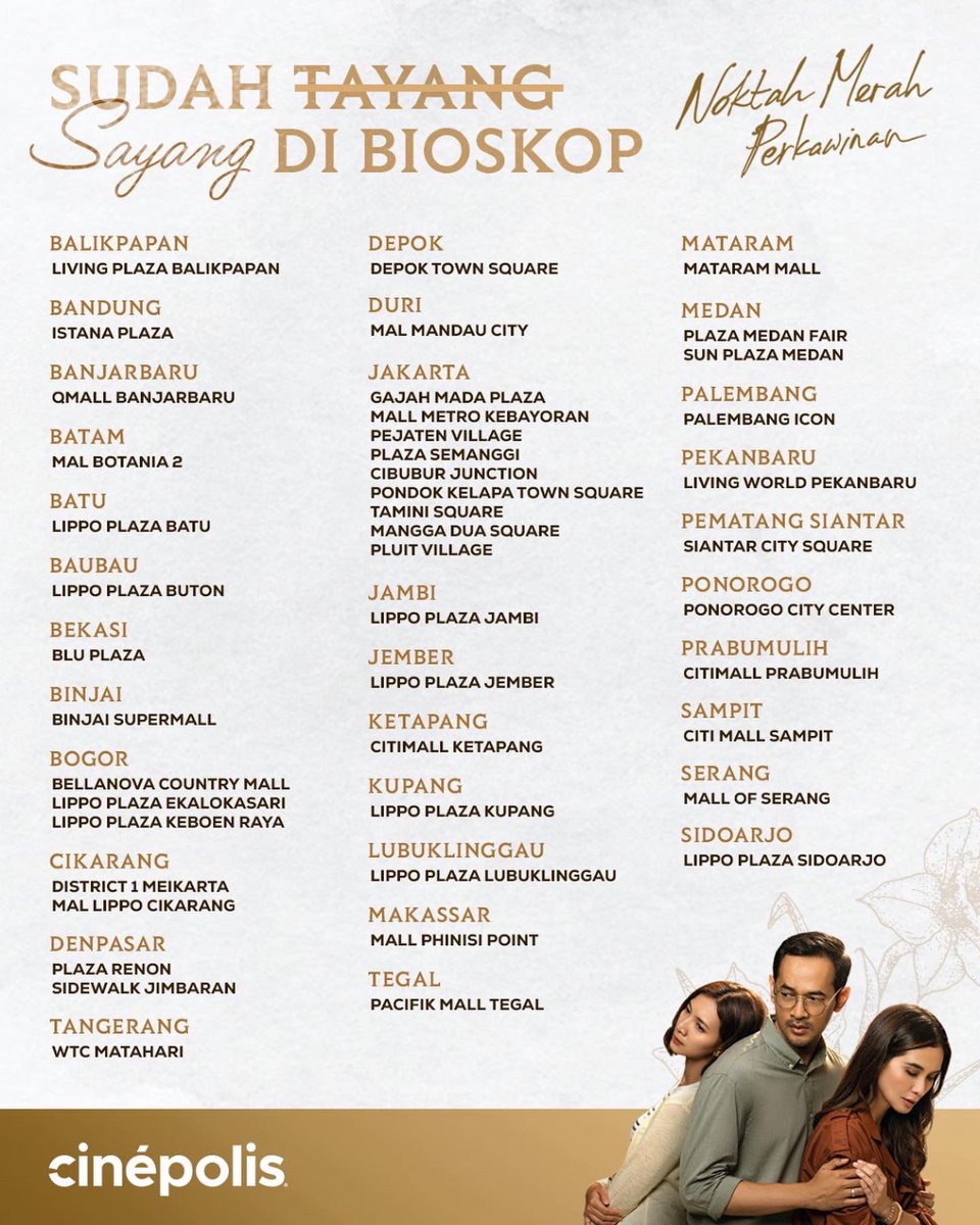 RapiFilm's tweet photo. Testimoni, komentar, dan review bagus Noktah Merah Perkawinan sudah bertebaran. 

Filmnya menyentuh dan bermakna untuk penonton. 

Ayo jangan nunda nonton Noktah Merah Perkawinan. Gasss ke bioskop sekarang juga!

#NoktahMerahPerkawinan https://t.co/zoRWOBL48j