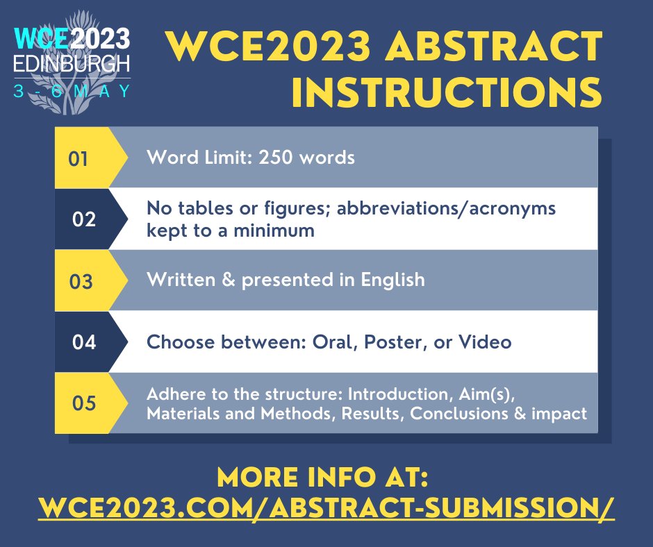Registration AND abstract submission are NOW open! Check out the abstract instructions to start getting your abstract ready! The abstract deadline will be Wednesday 30th November 2022, which you do not want to miss! wce2023.com/abstract-submi…
