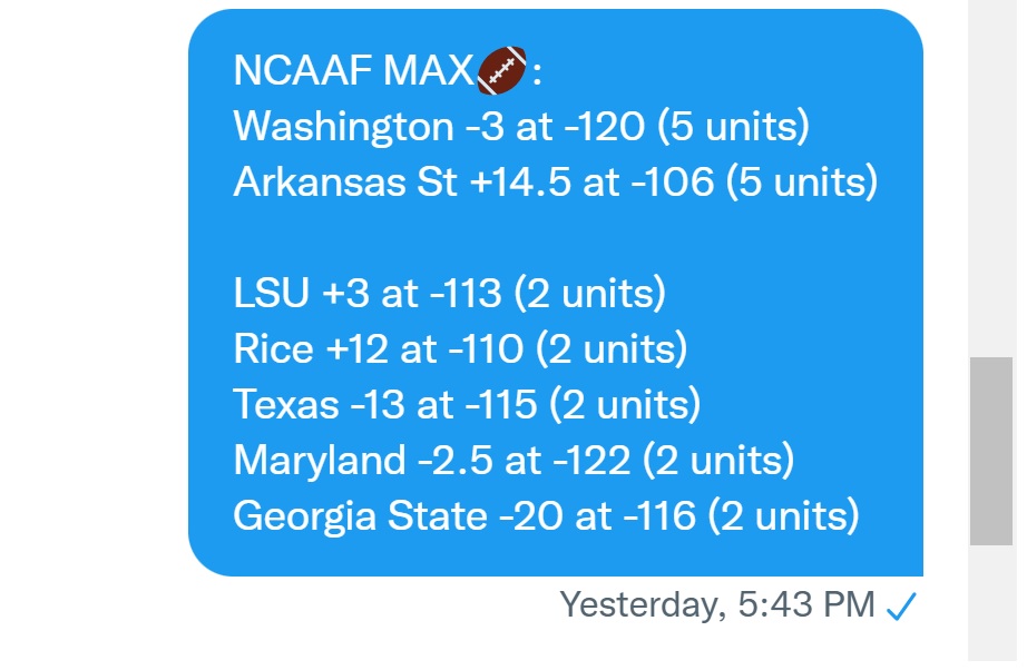 SolidSportsBets's tweet photo. Saturday Night's #CollegeFootball was SOLID AF!💪

Closing it all out going 7-2 for +17.28 units!🤑 

$10/unit bettors profited: +$172.80!💰
$50/unit bettors: +$864!💰
$100/unit bettors: +$1,728!💰
$1,000/unit bettors: +$17,280!💰

#LegitimatelyDocumented🗃 
#TimeStampVerified✅ https://t.co/snyIkoNVOJ