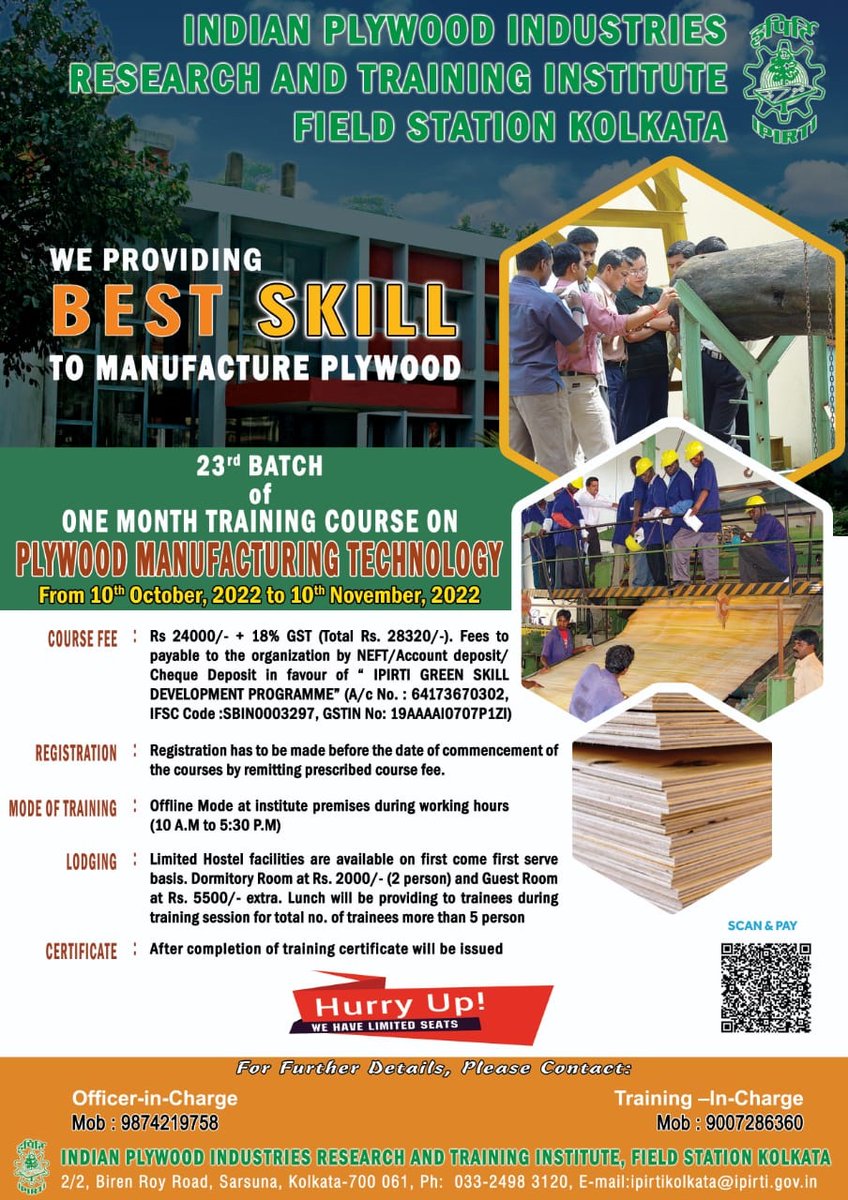 IPIRTI's tweet image. One Month Training Course on Plywood Manufacturing Technology at #IPIRTI Field Station Kolkata starting on 10th of October 2022. Hurry Up! Limited seats only. @moefcc