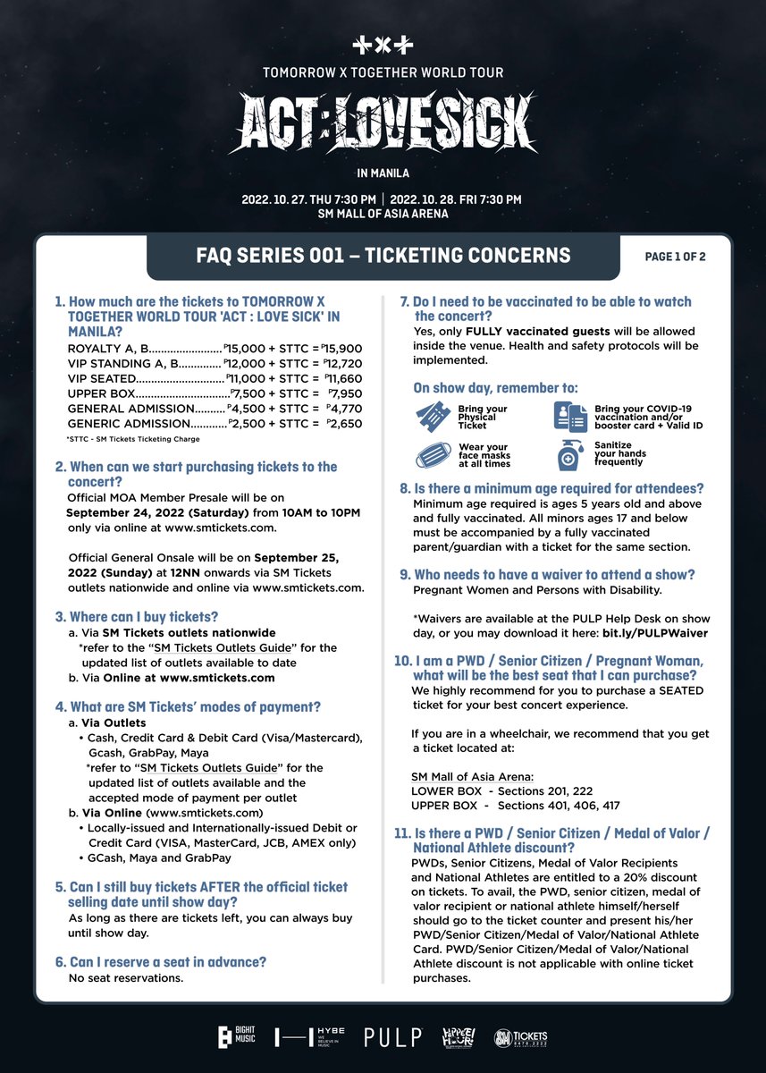 pulpliveworld's tweet image. This one’s for our PH MOAs! We’ve prepared guides to assist you in securing your chosen #TOMORROW_X_TOGETHER_WorldTourinManila seats:

Ticketing Concerns
SM Tickets Outlets Guide