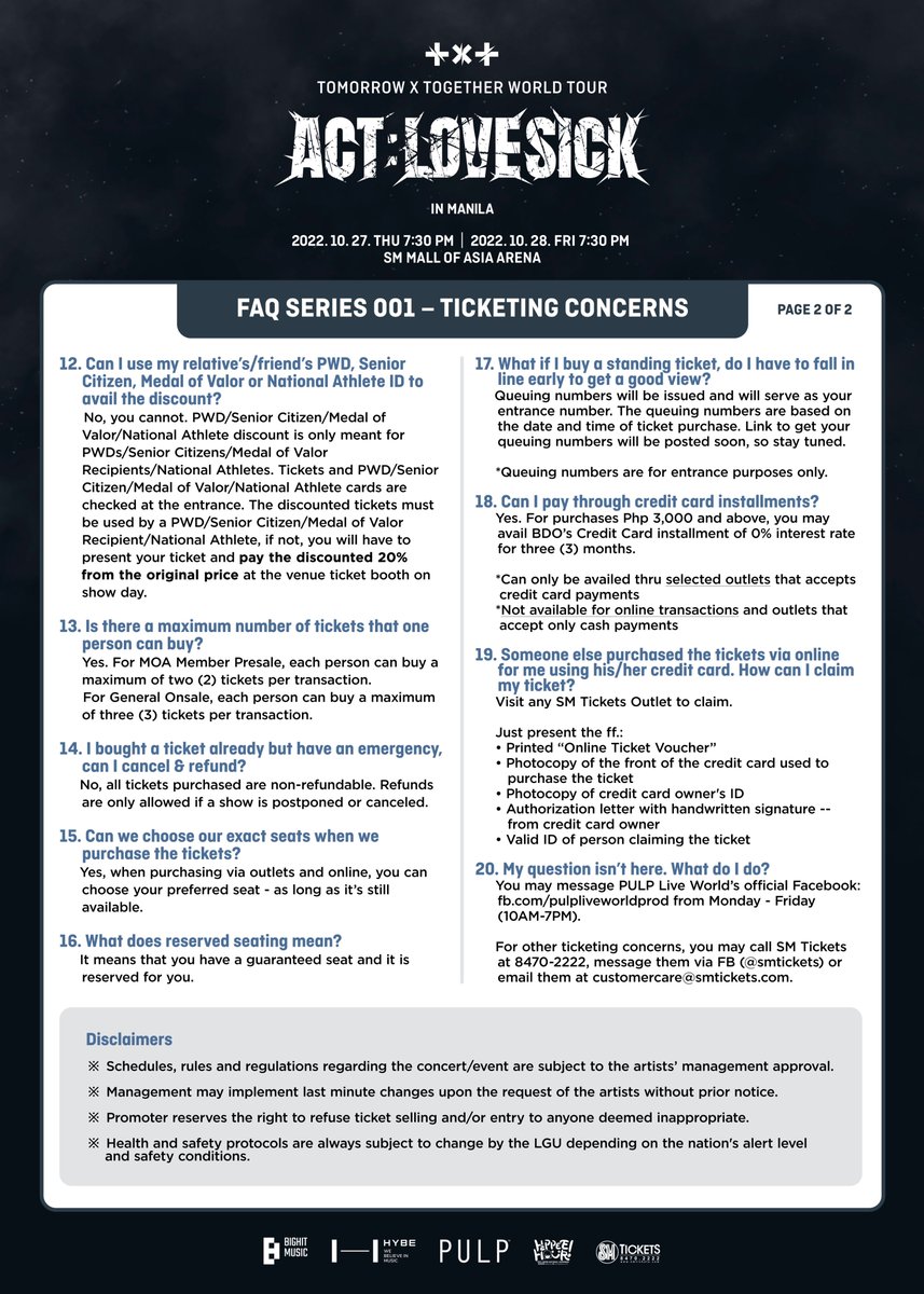 pulpliveworld's tweet image. This one’s for our PH MOAs! We’ve prepared guides to assist you in securing your chosen #TOMORROW_X_TOGETHER_WorldTourinManila seats:

Ticketing Concerns
SM Tickets Outlets Guide