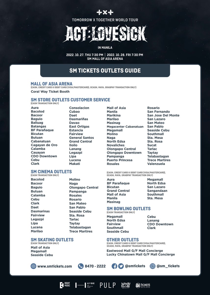 pulpliveworld's tweet image. This one’s for our PH MOAs! We’ve prepared guides to assist you in securing your chosen #TOMORROW_X_TOGETHER_WorldTourinManila seats:

Ticketing Concerns
SM Tickets Outlets Guide