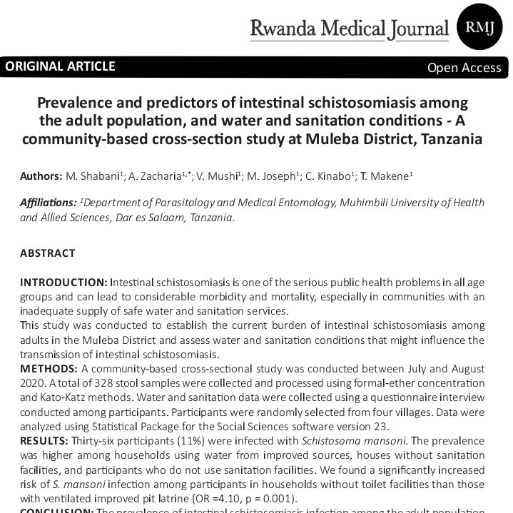 yangaza209's tweet photo. "Thirty six (11%) participants were infected with schistosoma mansoni and prevalence were high among households using water from improved water source without #Sanitations" #Muleba ๐น๐ฟ
Link๐
https://t.co/ZCORHctLwW
@NaayzZacharia @VivianMushi1 ๐น๐ฟ@tonytogolani @ItsKamala @Udadisi https://t.co/LuIhaGqXli