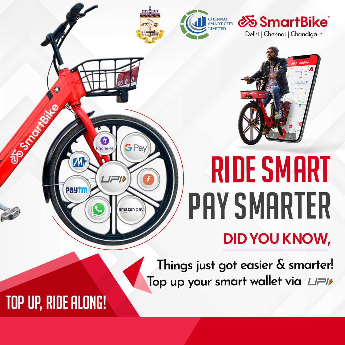 SmartBikeIN's tweet photo. Things just got way smarter!
Yes, now you can top up your smart wallet with UPI.
Pay smart, ride smart.
Just top up on the go and keep riding smart.
@chennaicorp @csclofficial 
#smartbike #upi #googlepay #phonepe #paytm #amazonpay #smartwallet https://t.co/4g3NNOOCqa
