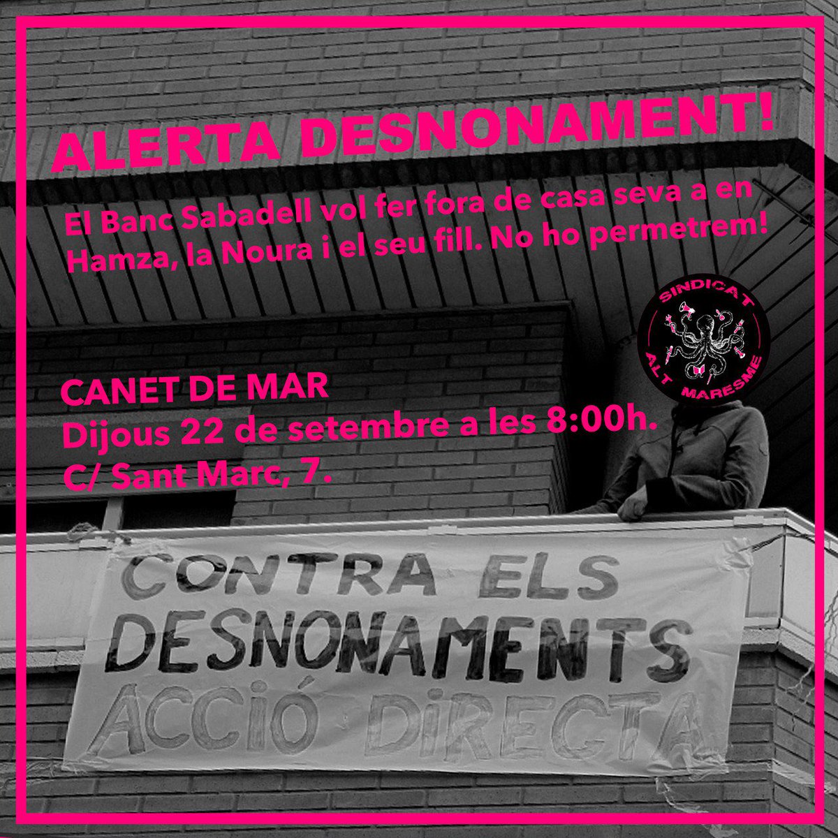 SindiAltMaresme's tweet photo. ⚠️Aquest dijous, el Banc Sabadell vol desnonar al nostre company Hamza i a la seva família. No ho permetrem! 

▪️ Solvia gestiona 141.000 pisos a Catalunya valorats en 30 millons d’euros, la majoria d’ells estan buits. 
⬇️ https://t.co/82XNkso9zC