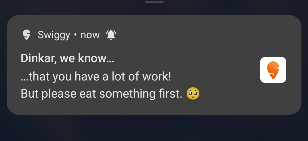 elvish_roy31's tweet photo. Love both of these from @Swiggy witty deliveries of notification as well as the quick deliveries of delicious food.. Thanks @SwiggyCares for ur concern in this chaotic busy world☺️😌🫡.. @SwiggyInstamart @harshamjty #MondayMotivation #Swiggy #Zomato #FoodieBeauty https://t.co/R9HQFL9sfU