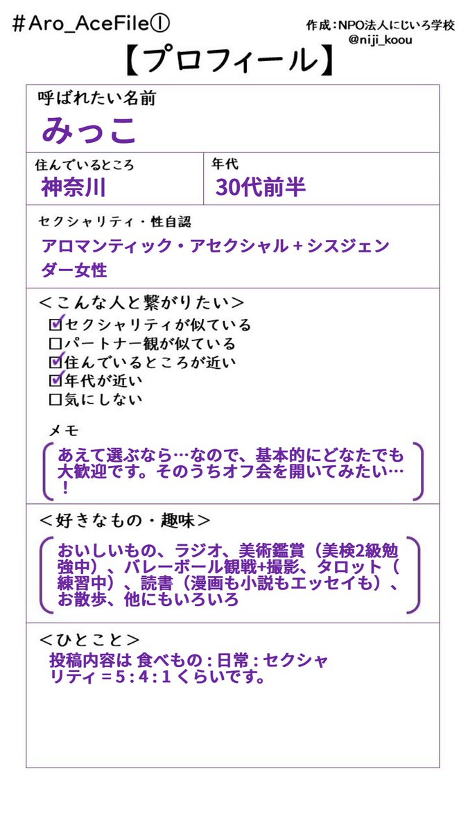 tm_micco's tweet photo. 年1ペースの #AceFile 更新です。
セクシャリティの変化はそんなになかったので、趣味を最新版にアップデートしました 笑
#AceFile2
https://t.co/Zk8Ee7WgUn https://t.co/XqwprVCORo