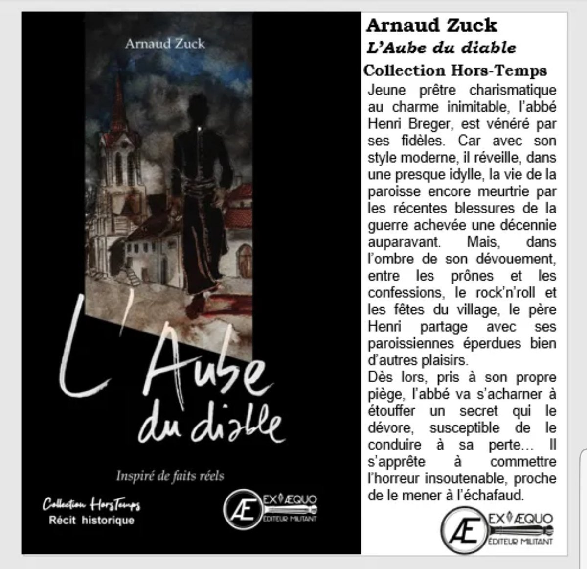 CatMo0105's tweet photo. @memoart_dadrien L' Aube du diable d' @ZuckArnaud paru dans ma #collectionHorsTemps chez @EditionsExAequo 
Basé sur l'histoire vraie d'1 #pretre un peu trop proche de ses paroissiennes
#interview À écouter sur @RTLFrance dans @LHeureDuCrime
https://t.co/5OdwCGso9j https://t.co/euQE9gequU