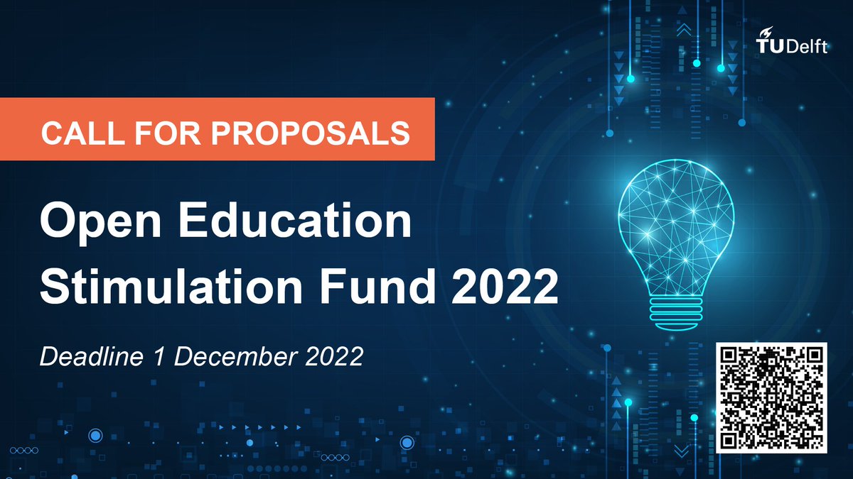 tudelftlibrary's tweet image. For all staff at TU Delft faculties. Now open for applications!
The #call Open Education Stimulation Fund 2022 encourages TU Delft staff to submit a #proposal for innovative #OpenEdcuation projects for a funding up to EUR 20,000.  
@TUD_TeachingLab 
tudelft.nl/open-science/a…