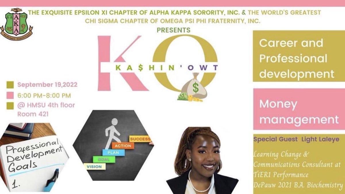Pretty Girls “Put Money Where the Mouth Is!” 💗💸💰

Come join Epsilon Xi and Chi Sigma and see how we are Kashin’ Owt our professional and financial goals into a reality!

Come dressed to IMPRESS!😉

Monday, September 19, 2022 at 6pm in HMSU 421