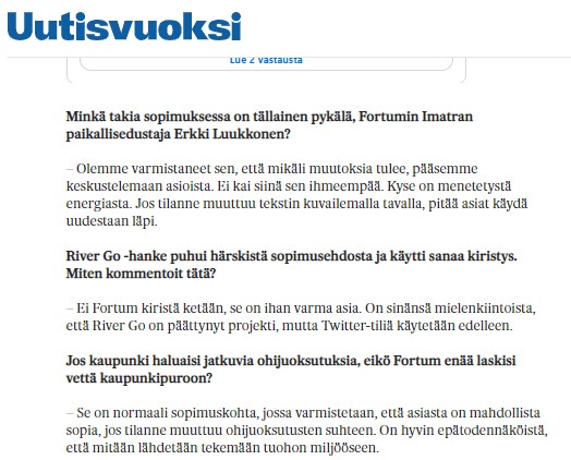 RiverGo3's tweet photo. #Fortum_Oyj´n paikallisedustajan mukaan #Imatran kaupunkipuron sopimusehto on normaalin käytännön mukainen ja varmistaa vain sen, että Fortum pääsee keskustelemaan asiasta. "Ei kai siinä sen ihmeempää". https://t.co/S86WEKvEkw