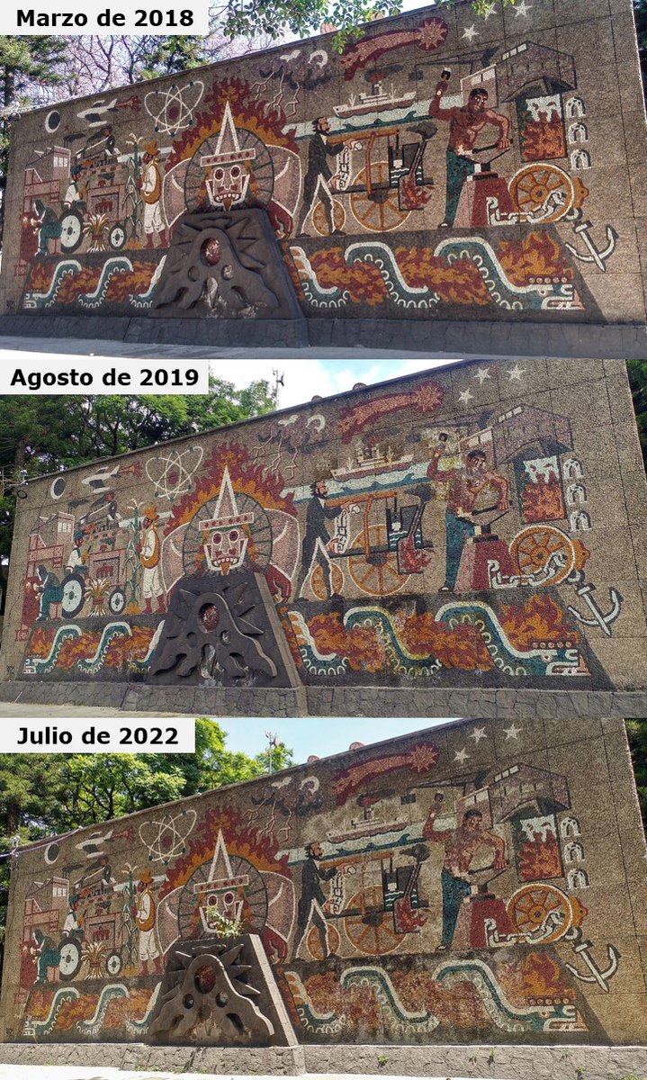 defensaSCOP's tweet photo. Desde 2019, se detectó la presencia de un excedente de humedad en el mural "Sol de Fuego" (Jorge Best, 1953-1954) que, desafortunadamente, ha empeorado con el tiempo y que ya está comprometiendo la integridad material de los elementos del sector derecho de dicha obra #DefensaSCOP https://t.co/K1L5oRyy7z