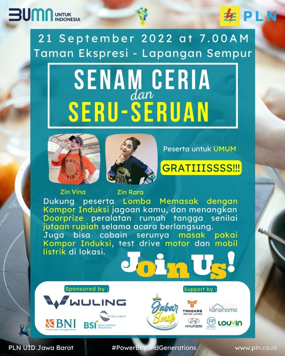 Hi Electrizens 👋

Penasaran dg mobil listrik?
Pengen coba test drive?

Yuk datang ke Taman Ekspresi Sempur,  Rabu 21 September 2022. 

Dapatkan juga doorprize bagi pengunjung yang beruntung selama acara berlangsung.

Ayo ramaikan, ajak saudara dan tetangga untuk ikutan🤩