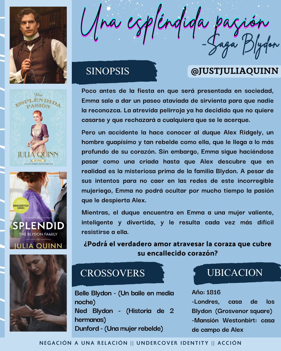 justjuliaquinn's tweet photo. #1: Una espléndida pasión:
♧ Alex Ridgely
♧ Emma Dunster.
#Blydon #SagaBlydon #JuliaQuinn #Splendid #SplendidSaga #Books #Bridgerton #LibrosRecomendados https://t.co/mLPgVJvOXY