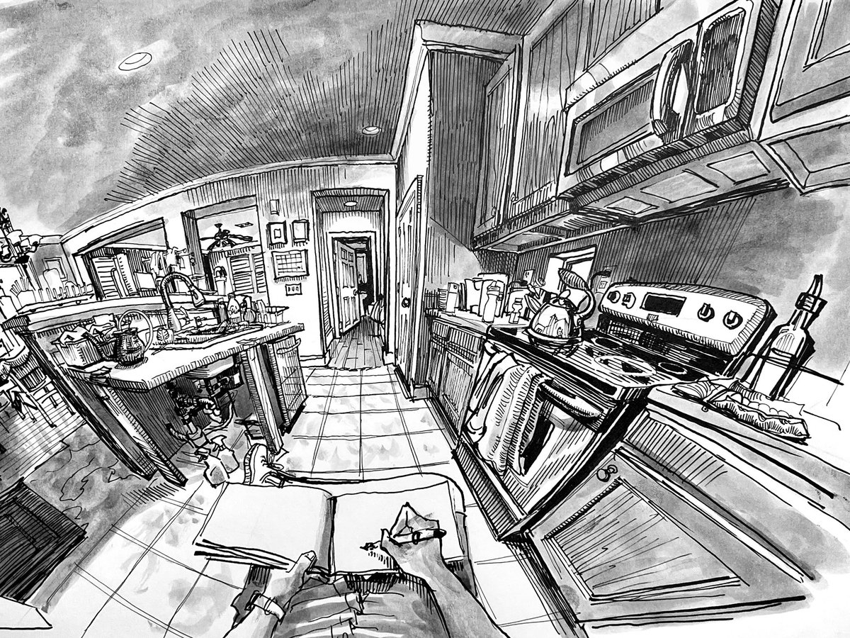 I sketched our kitchen in its current state of chaos following some major water damage in August. We had to pull up our flooring and our sink cabinet is toast. Looking at $$ to get all this repaired/replaced so expect a big art sale soon. 