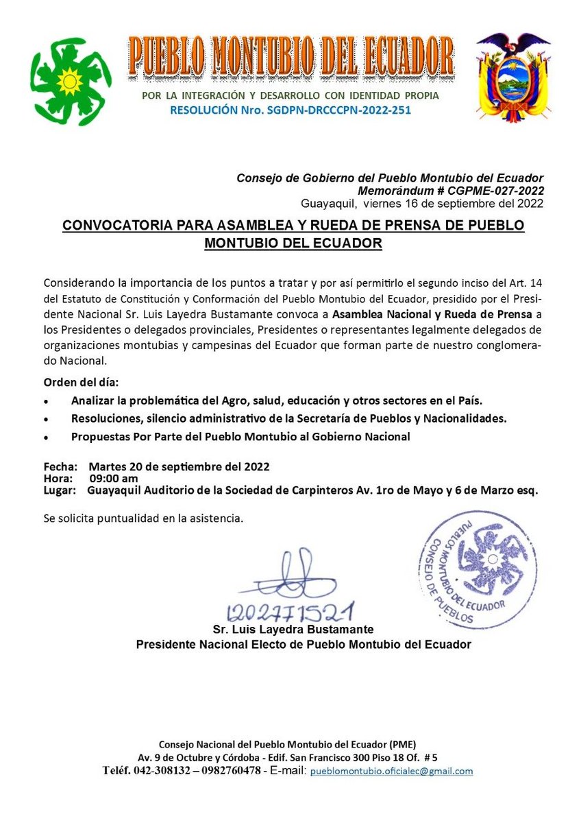 PuebloMontubioE's tweet photo. Entérese por canales oficiales:

Convocatoria a Asamblea y Rueda de Prensa.
Fecha: Martes 20 de Sept. de 2022
Hora: 09:00 AM
Lugar: Auditorio de la Sociedad de Carpinteros 1ro de Mayo y 6 de Marzo esquina...

@LassoGuillermo @panchojimenezs 
@Secretaria_PyN 
@odhumca 
@pfierror https://t.co/QfOSMp1hPf