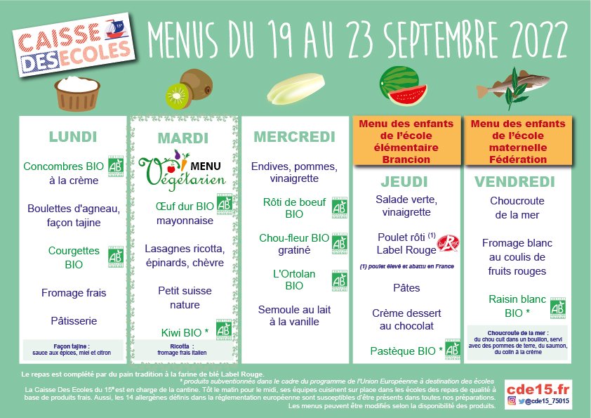 cde15_75015's tweet photo. Les menus du 19 au 23 septembre 2022 (menus et allergènes téléchargeables sur https://t.co/oPDZxtzSOi ) #cde15 #paris15 #restaurationscolaire #cantine15ème #cantine15 #faitmaison https://t.co/VqiTvpz3bz