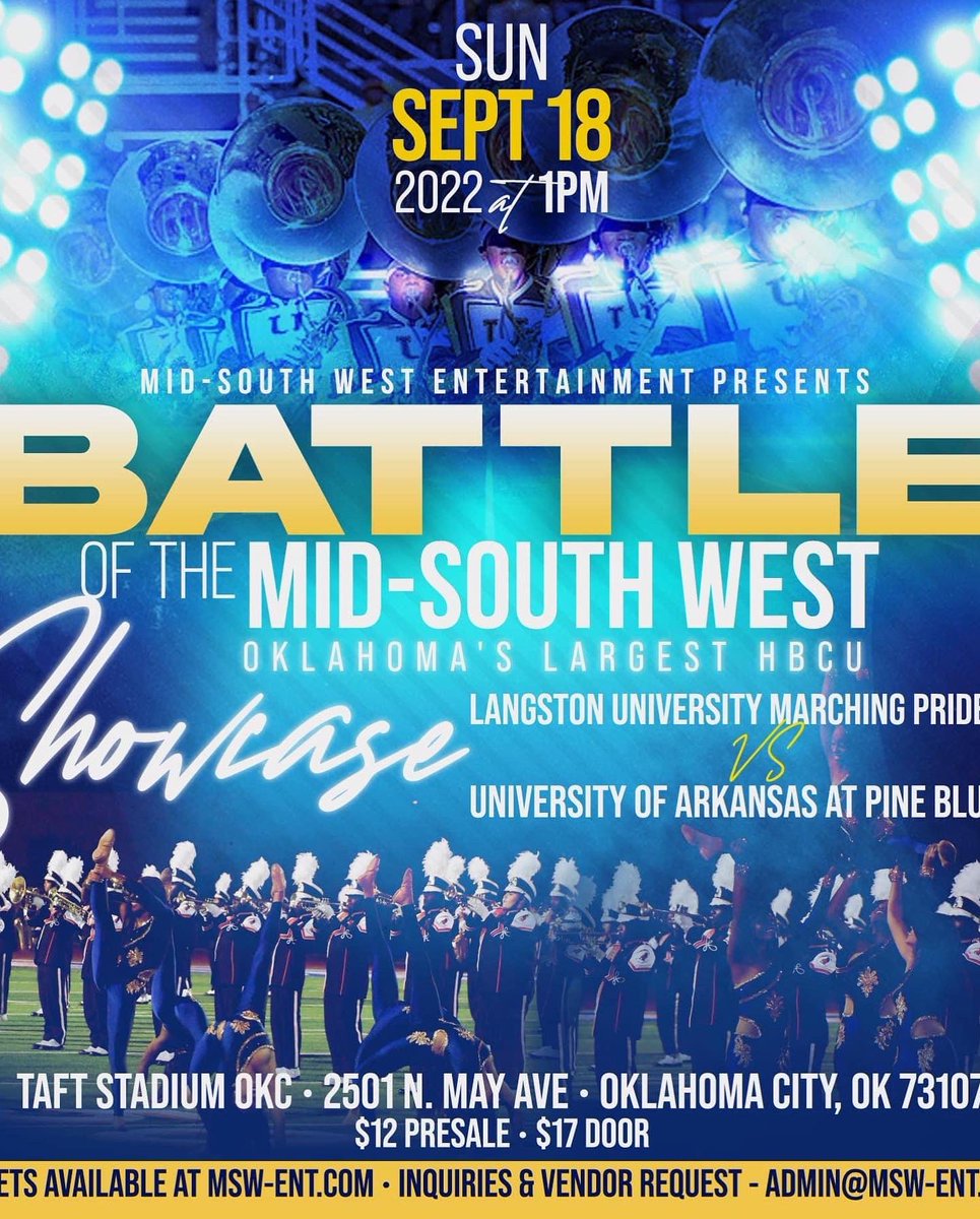 Battle of the Mid-Southwest <a href="/LangstonUBand/">Langston Marching Pride Band</a> vs <a href="/UAPBM4/">UAPB M4 BAND</a> in OKC. #RedArmyBand #Classof2018 <a href="/luljayd1/">Josh</a> is one of UAPB’s #DrumMajors. We are proud of U! We spy <a href="/DirectorYoung02/">William Young</a> ,  Asst. Band Dir. at Langston. U never know who you will meet up with &amp; where!  Congratulations to you both!
