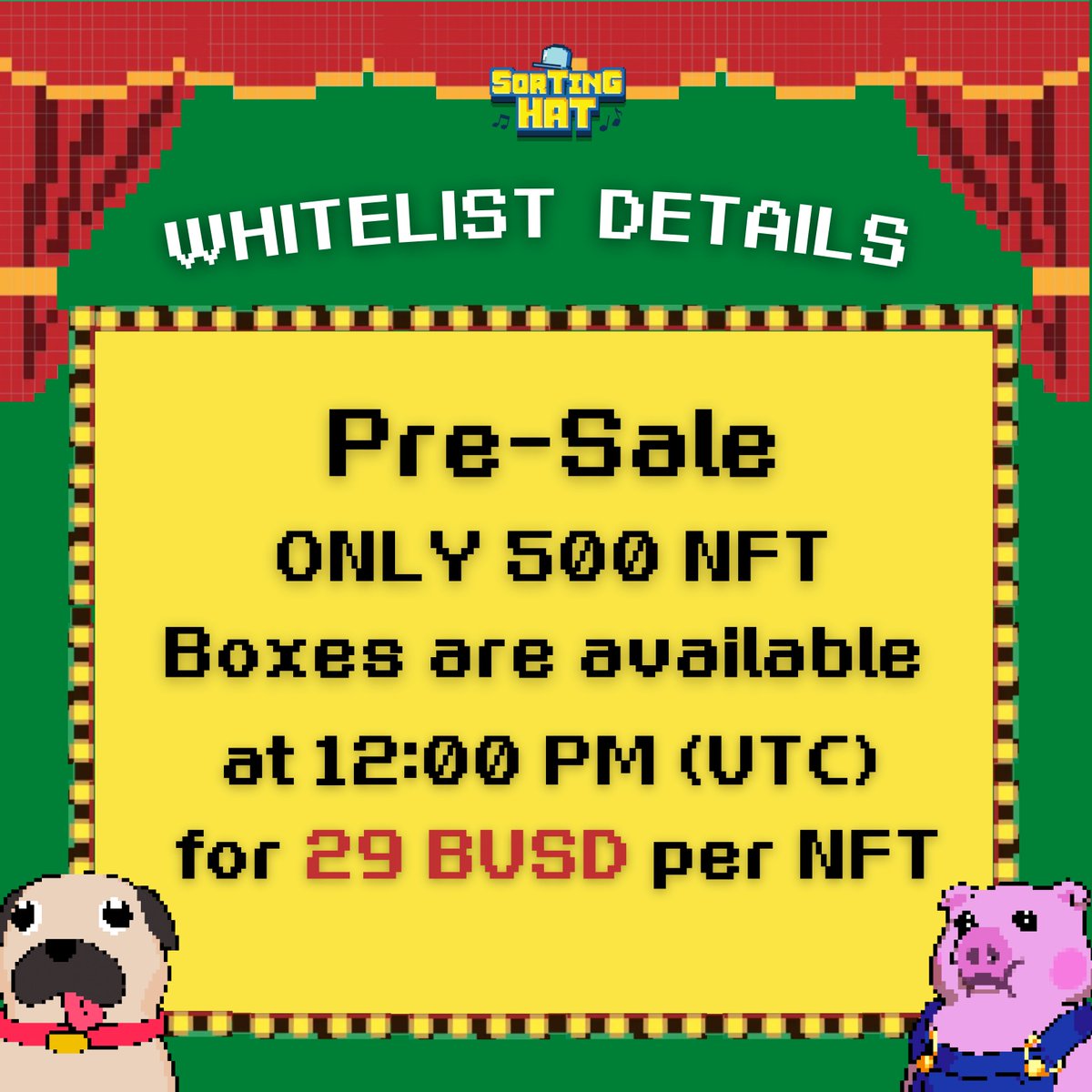 Sortinghatgame's tweet image. With an NFT Whitelist, you will have first access to minting NFTs before anybody else.
You can also buy boxes at a very low price of 29 BUSD per NFT. There are only 500 boxes available at 12:00 PM (UTC) for  29 BUSD per NFT.

PACK SALE will be published packsale.sortinghat.game