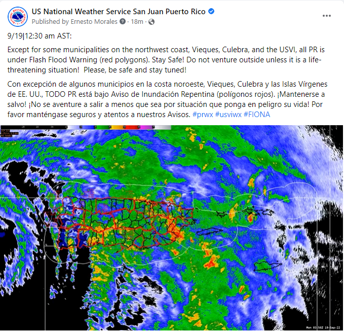 Con excepción de algunos municipios en la costa noroeste, Vieques, Culebra y las Islas Vírgenes de EE. UU., todo PR está bajo Aviso de Inundación Repentinas (polígonos rojos). ¡Mantenerse a salvo! #prwx #usviwx #Fiona