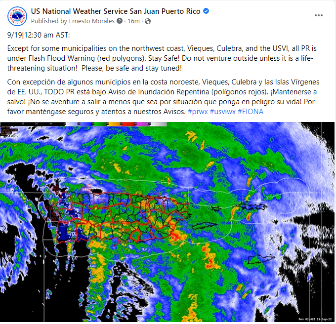 Except for some municipalities on the northwest coast, Vieques, Culebra, and the USVI, all PR is under Flash Flood Warning (red polygons). Stay Safe! #prwx #usviwx #Fiona