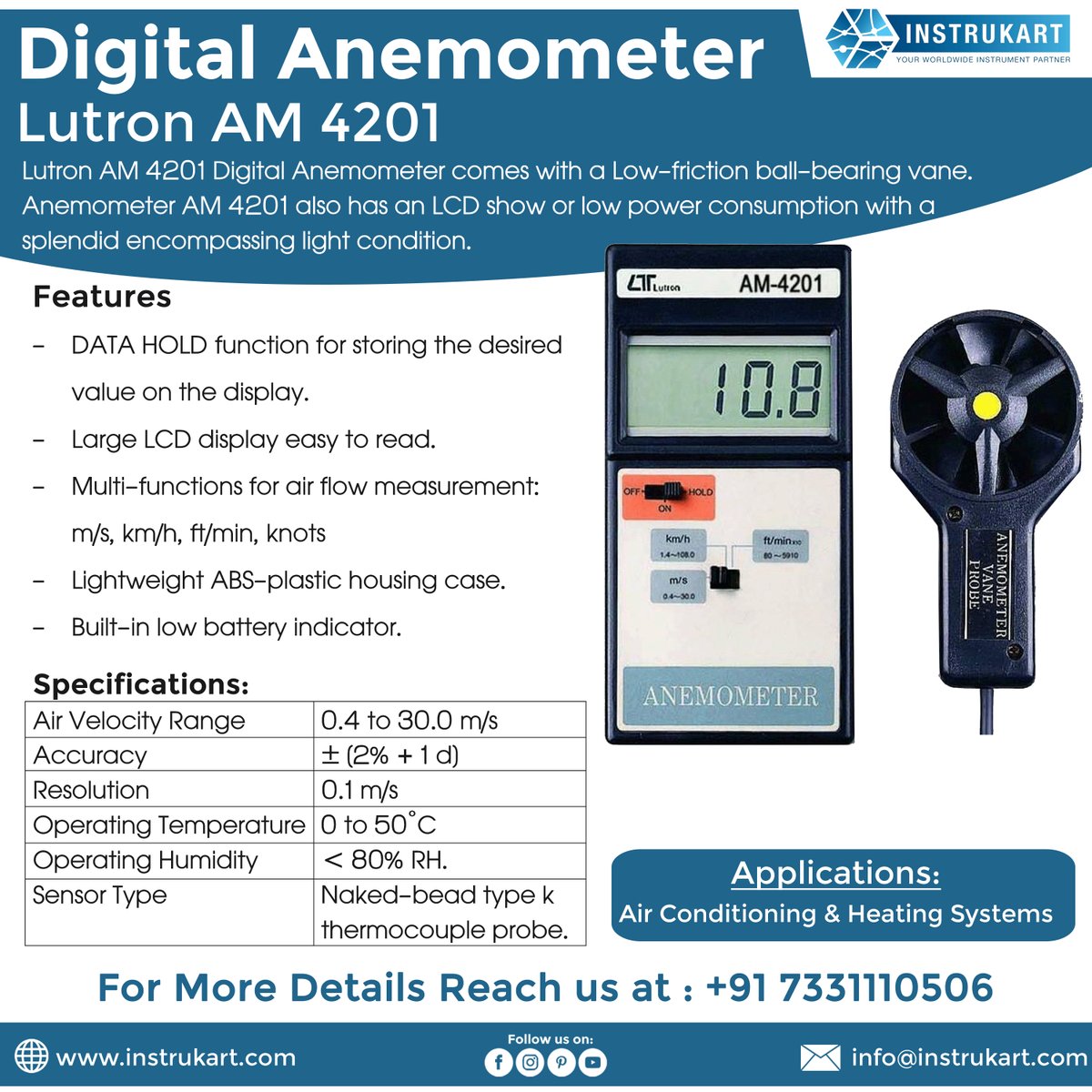 instrukarthold's tweet image. Lutron AM 4201 Digital Anemometer
#aneometer #lutron #lutronam4201 #WindSpeed #temperature #heatingsystem #industrialautomation #industrial 
For Direct Purchase: instrukart.com/lutron-am-4201…