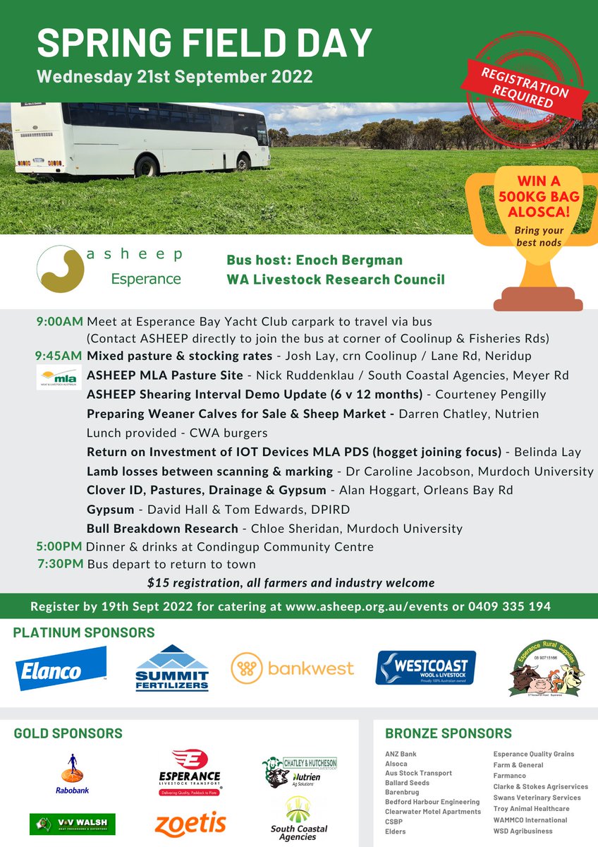 ASHEEPBEEF's tweet photo. Planning on coming to ASHEEP's Spring Field Day this Wednesday 21st Sept? Take a moment to register now. $15 including CWA burgers for lunch and a BBQ dinner. Don't forget to bring your best nods for a chance to win a bag of Alosca. https://t.co/GSYqhl8DeF https://t.co/CkgWroQW2s