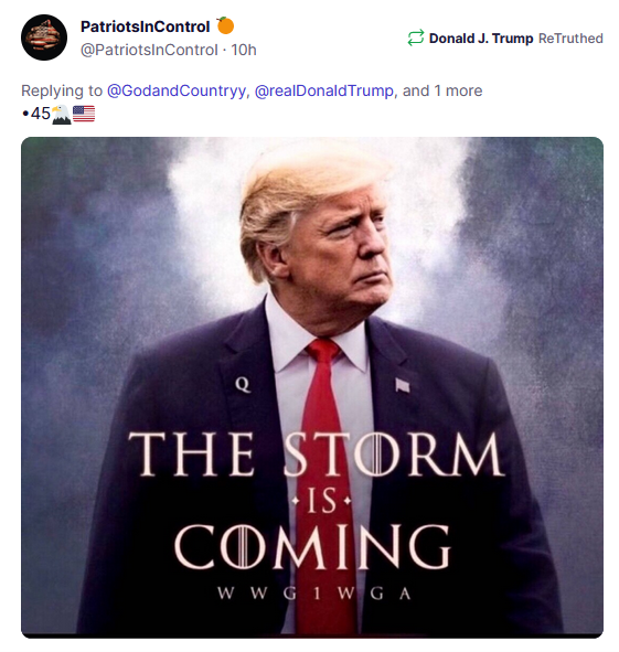 gmt1950's tweet photo. #Trump goes full QAnon over at TruthSocial—sporting a Q lapel pin and blasting two QAnon slogans. FACT: The Republican Party = The Party of Fascism. Forget #inflation. The next election is about Democracy vs. Fascism. https://t.co/F5Fk1ZiLQ0