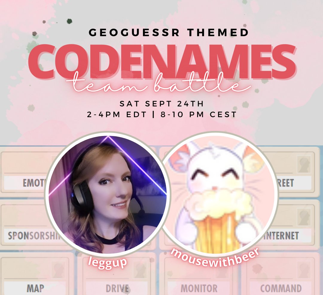 LeggupLeggup's tweet image. Who: Me &amp;amp; @MouseWithBeer 
What: Codenames w/ GeoGuessr themed boards
When: This Saturday, 2-4PM for me, 8-10PM for Mouse
Why: Because it sounded like fun! 

Codenames is a word guessing board game free online.