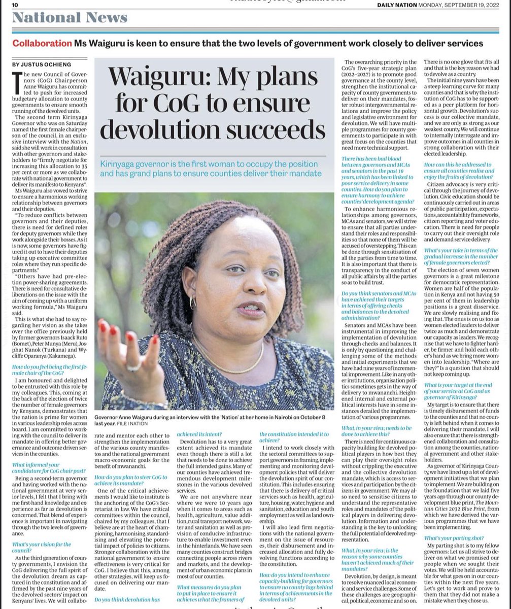 In Page 10 of your Daily nation today, you will find HE @AnneWaiguru , Chair COG @KenyaGovernors , outlining her area of focus in this transformative leg of county governments. 

#chair #countygovernment #devolution