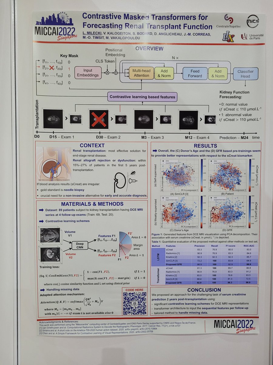 Join us in MICCAI 2022 in Singapore for the upcoming poster session!@leomlck will present his work on kidney transplant. <a href="/UrologieParis/">Marc-Olivier Timsit, MD, PhD 🎗️</a> <a href="/VickyKalogeiton/">Vicky Kalogeiton</a>