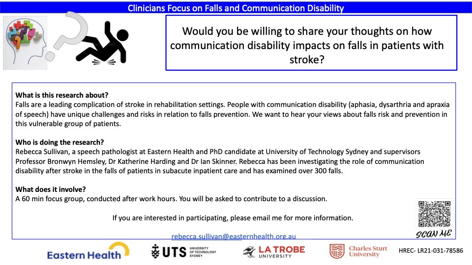 BeckSullivanSLP's tweet photo. Focus groups for clinicians who work with people with #Stroke in hospital are still open. Tell me your thoughts on how communication disability impacts on #Falls in patients with stroke. It's the last part of #MyDeadlyPhD data &amp; I'd love your help! VIC Aus only. Get in touch! https://t.co/LFjBIVb29a