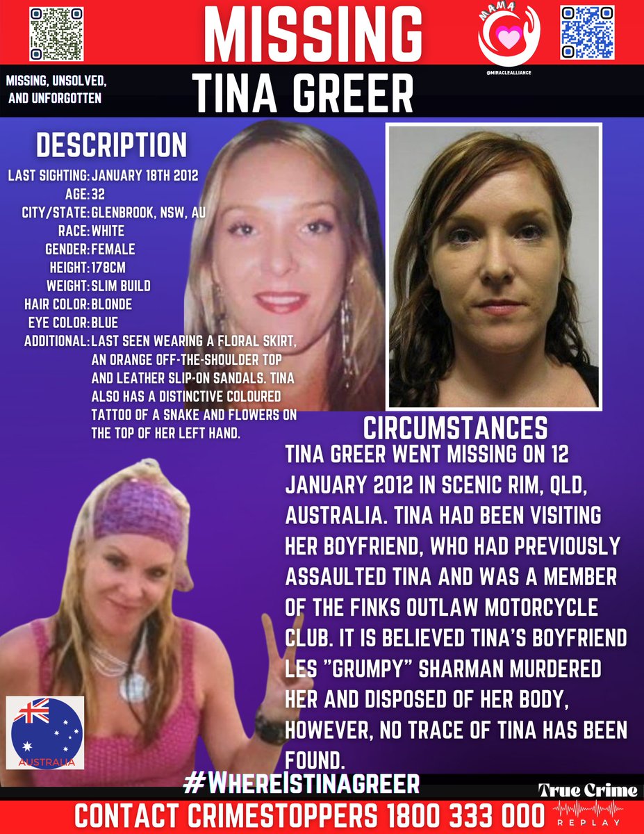 #TinaGreer went missing on 12 January 2012 in #ScenicRim, #QLD, #Australia. Tina had been with her boyfriend,who had previously assaulted Tina & was a member of the #Finksmc. It is believed Tina's boyfriend murdered her.
#domesticviolenceawareness #shestillspeaks #truecrimereplay